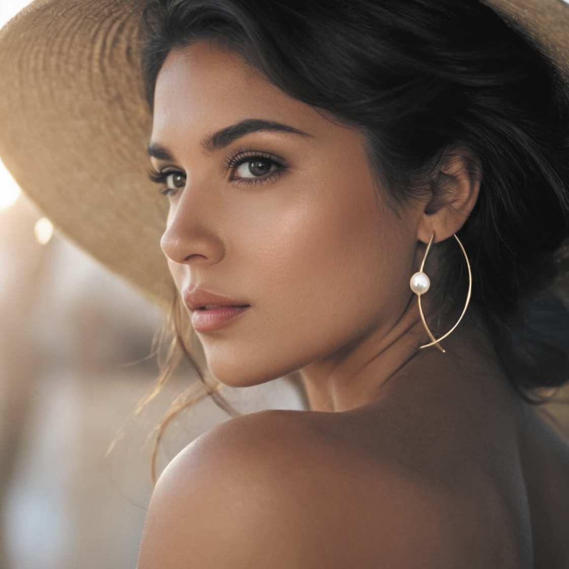 Subtle and elegant elliptical gold hoops with a fresh water pearl in the centre.