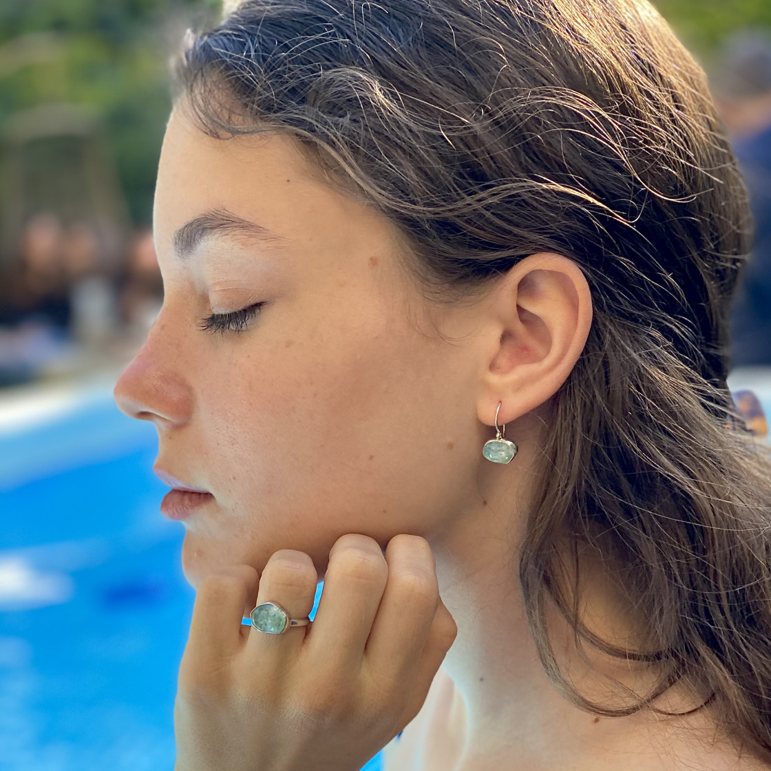 Beautiful and simple raw aquamarine, handmade bezel set silver earrings, in lovely light blue