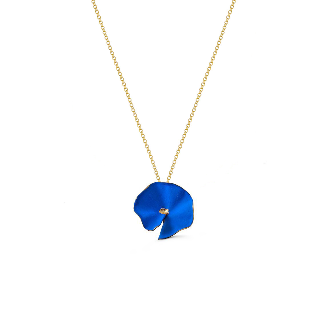 Royal blue flower with gold wire center on delicate gold necklace. Handpainted with natural pigments, with a velvet finish.