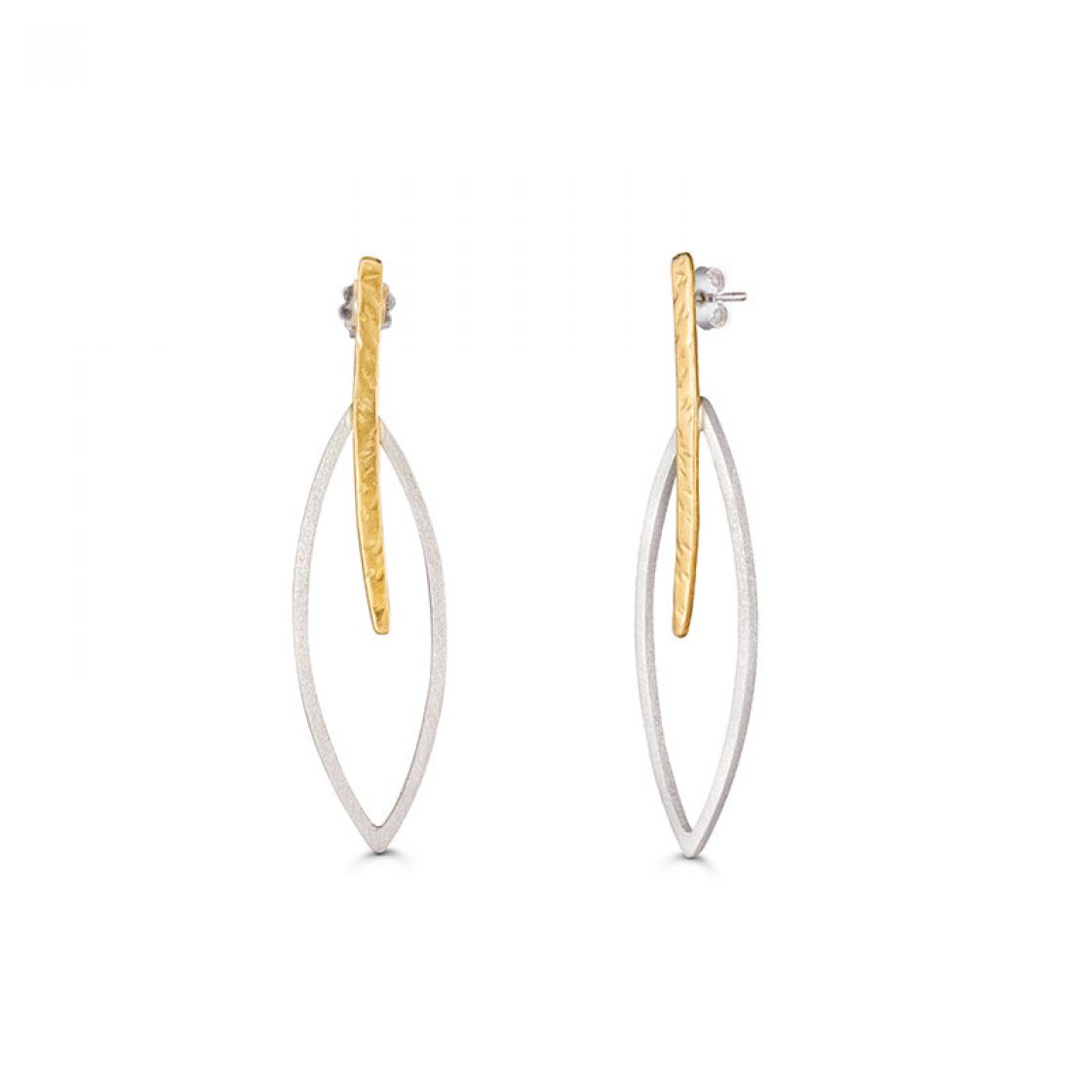 Delicate open leaf silver earrings accented with a gold center.