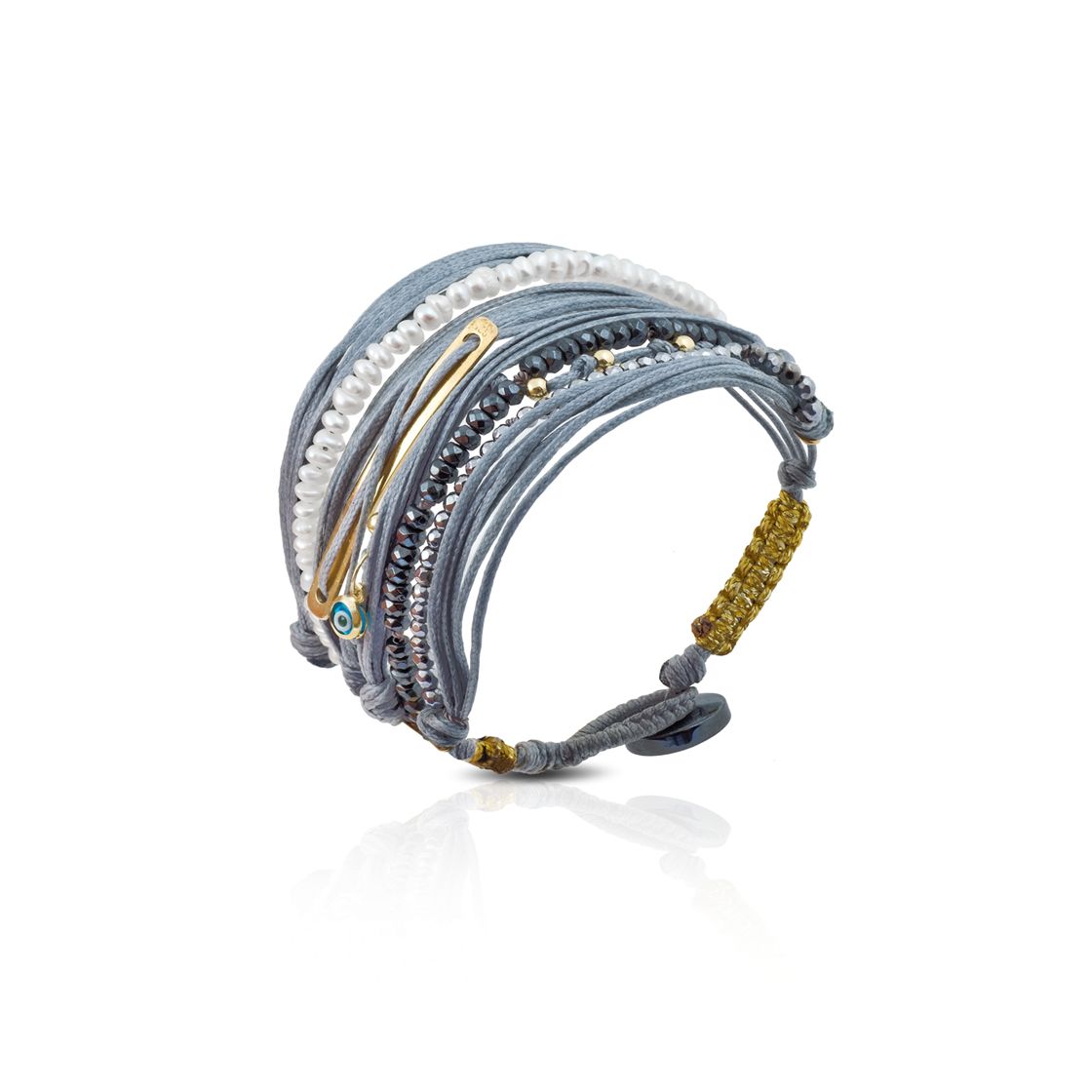 Gold bar bracelet with grey cord and semi-precious stones hand-knotted with thread and button closure.