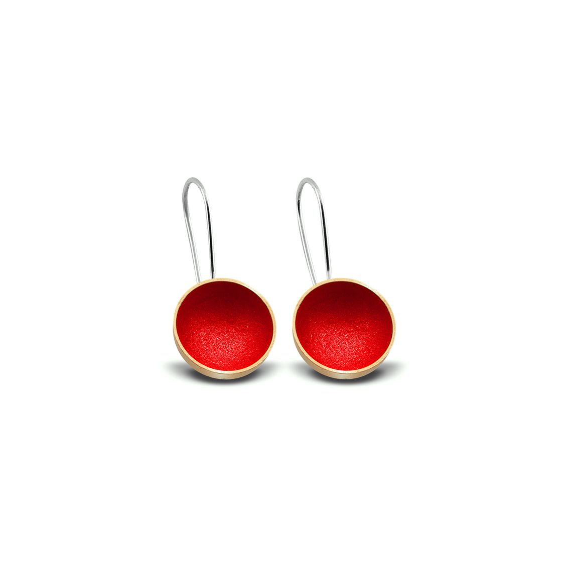 Red-pigmented gold half moons on silver dangle earrings.