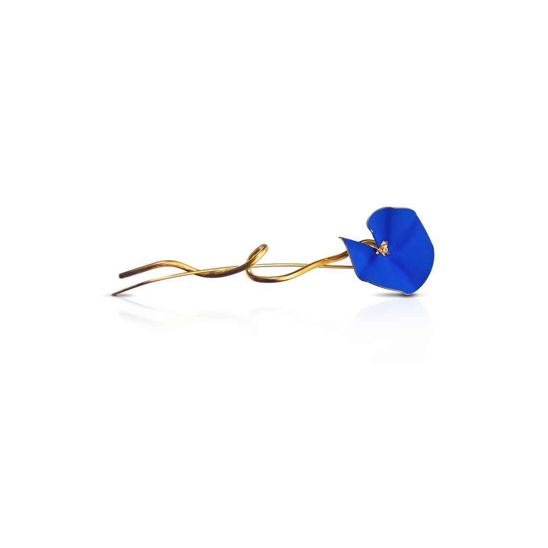 Royal blue flower with gold center on gold stem brooch. Handpainted with natural pigments, with a velvet finish.