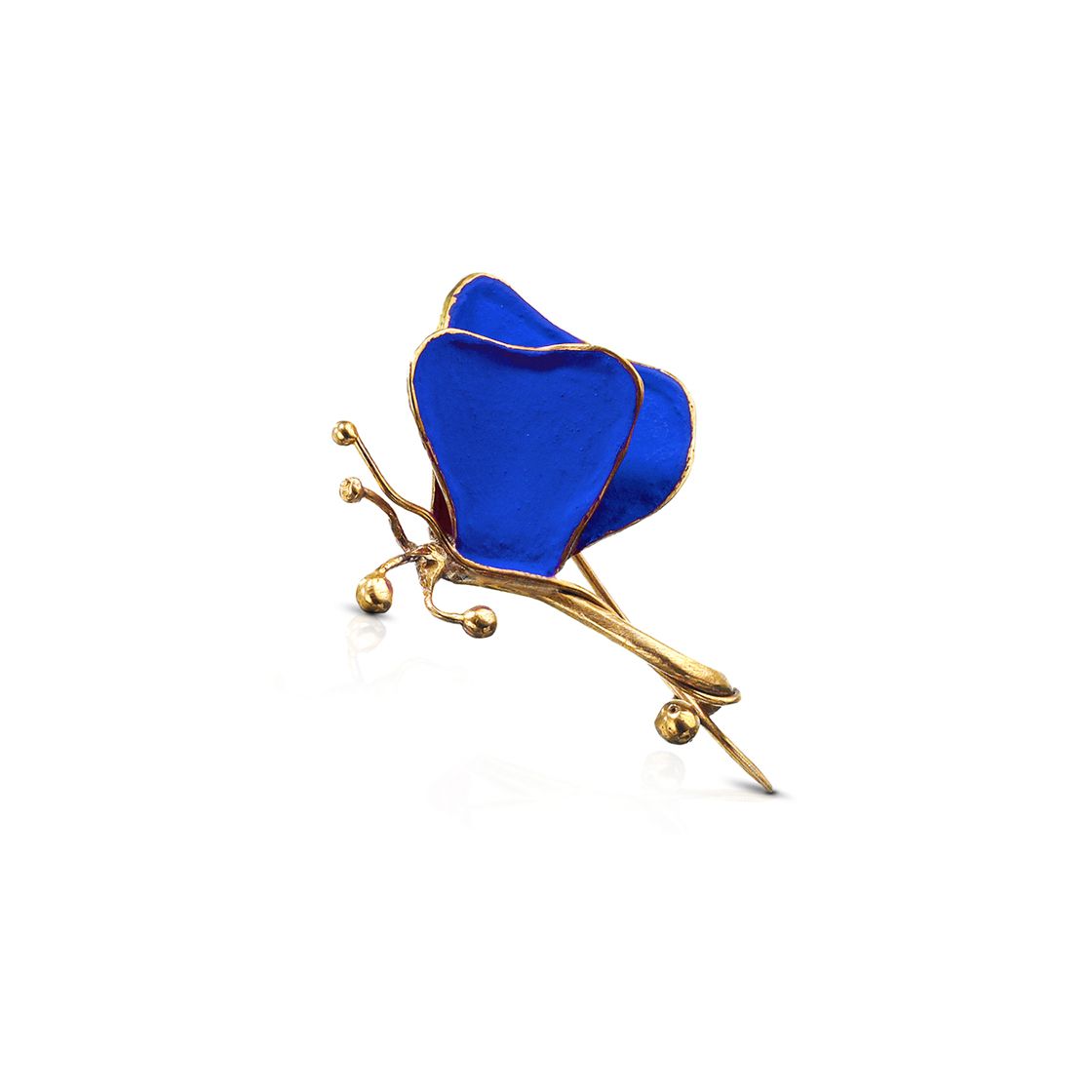 Blue butterfly brooch with gold detail. Handpainted with natural pigments, with a velvet finish.