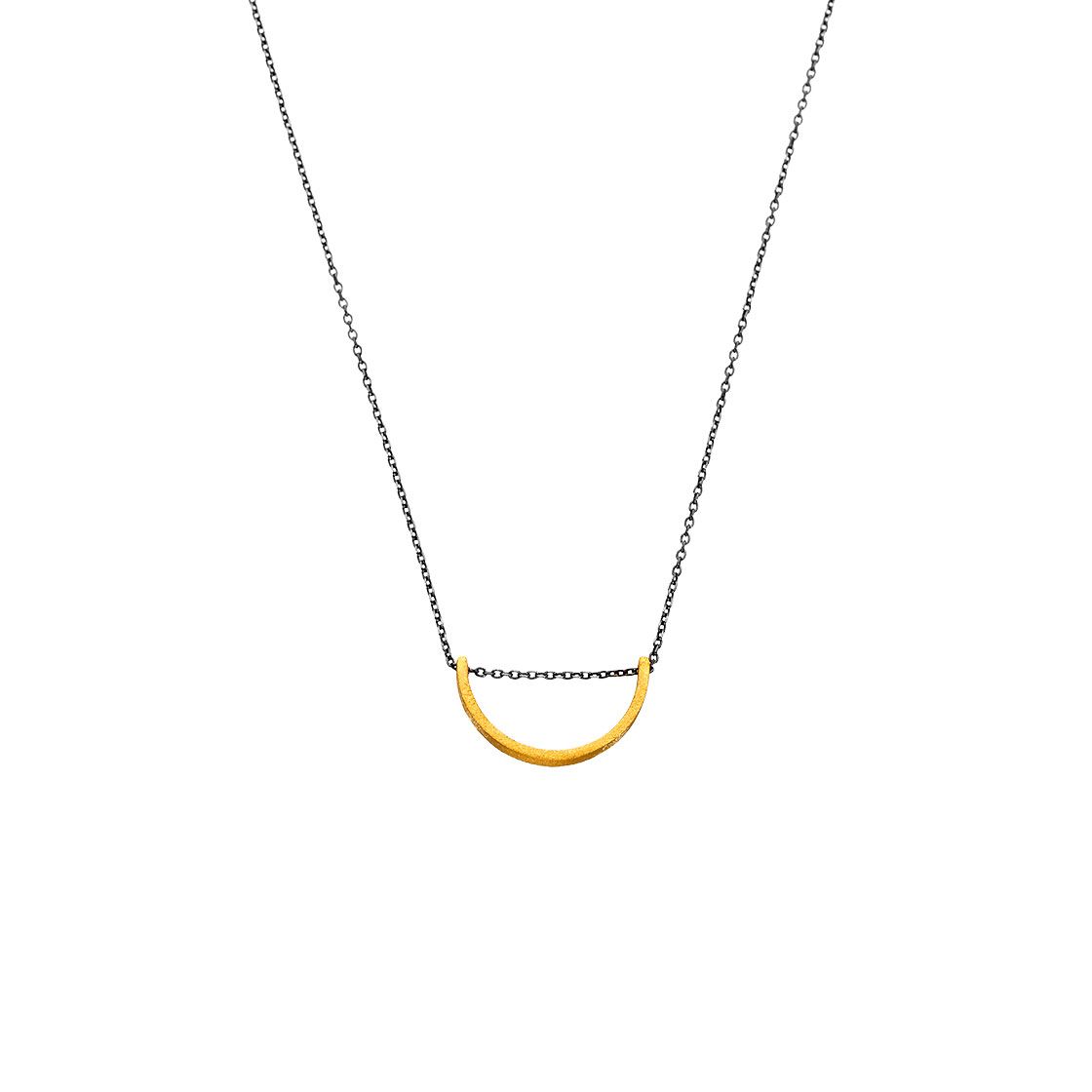 14k Gold curve pendant, on a black plated delicate chain.