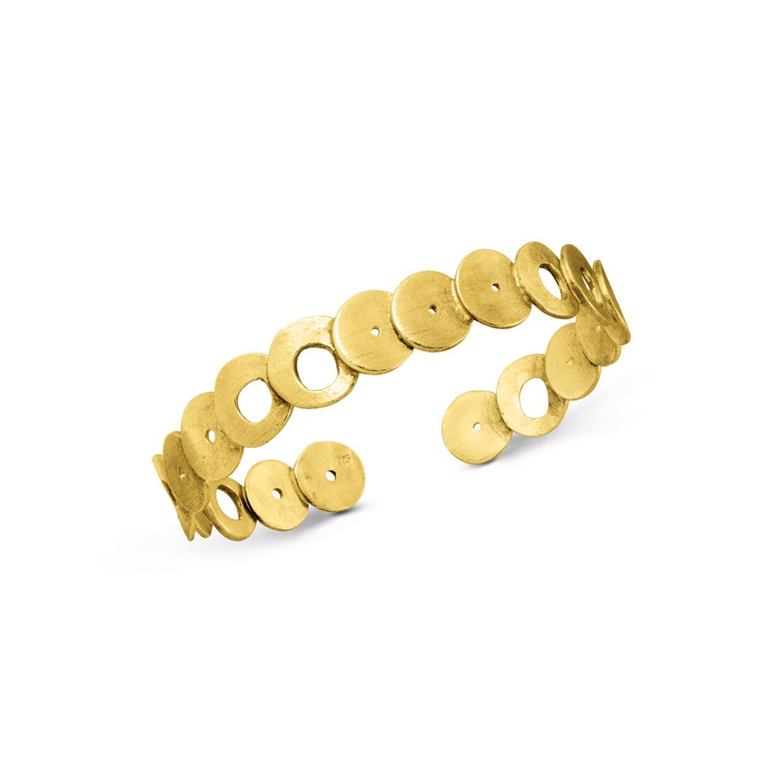 Gold cuff bracelet with handmade asymmetrical circles. Easy to adjust on every wrist.