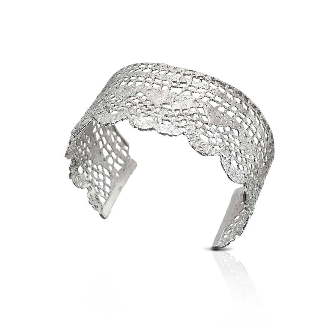 A charming silver lace wide-cuff bracelet is a delicate addition for your special day.