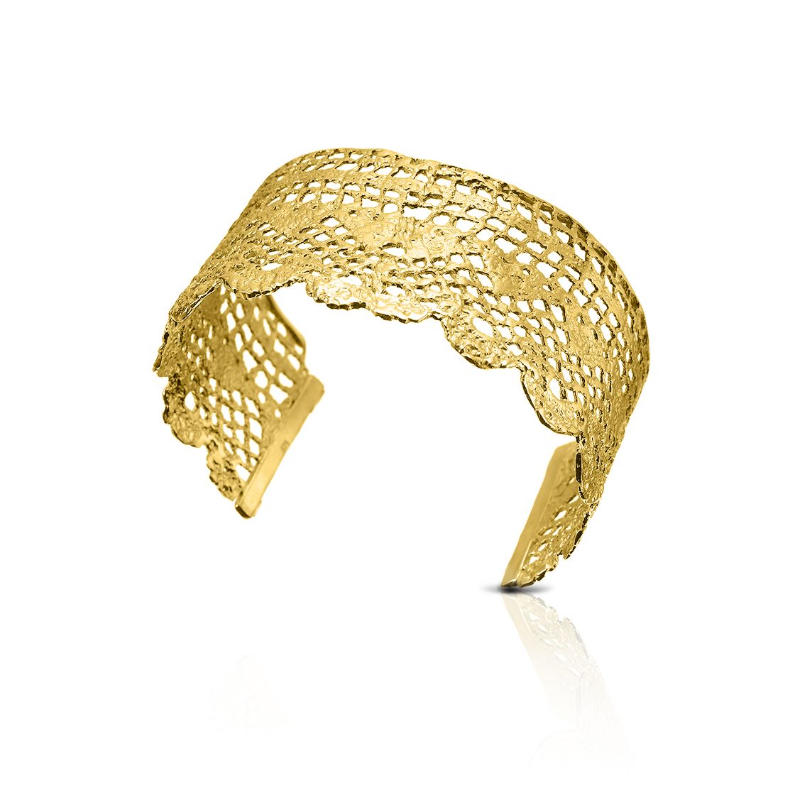 A charming gold-plated lace wide-cuff bracelet is a delicate addition for your special day.