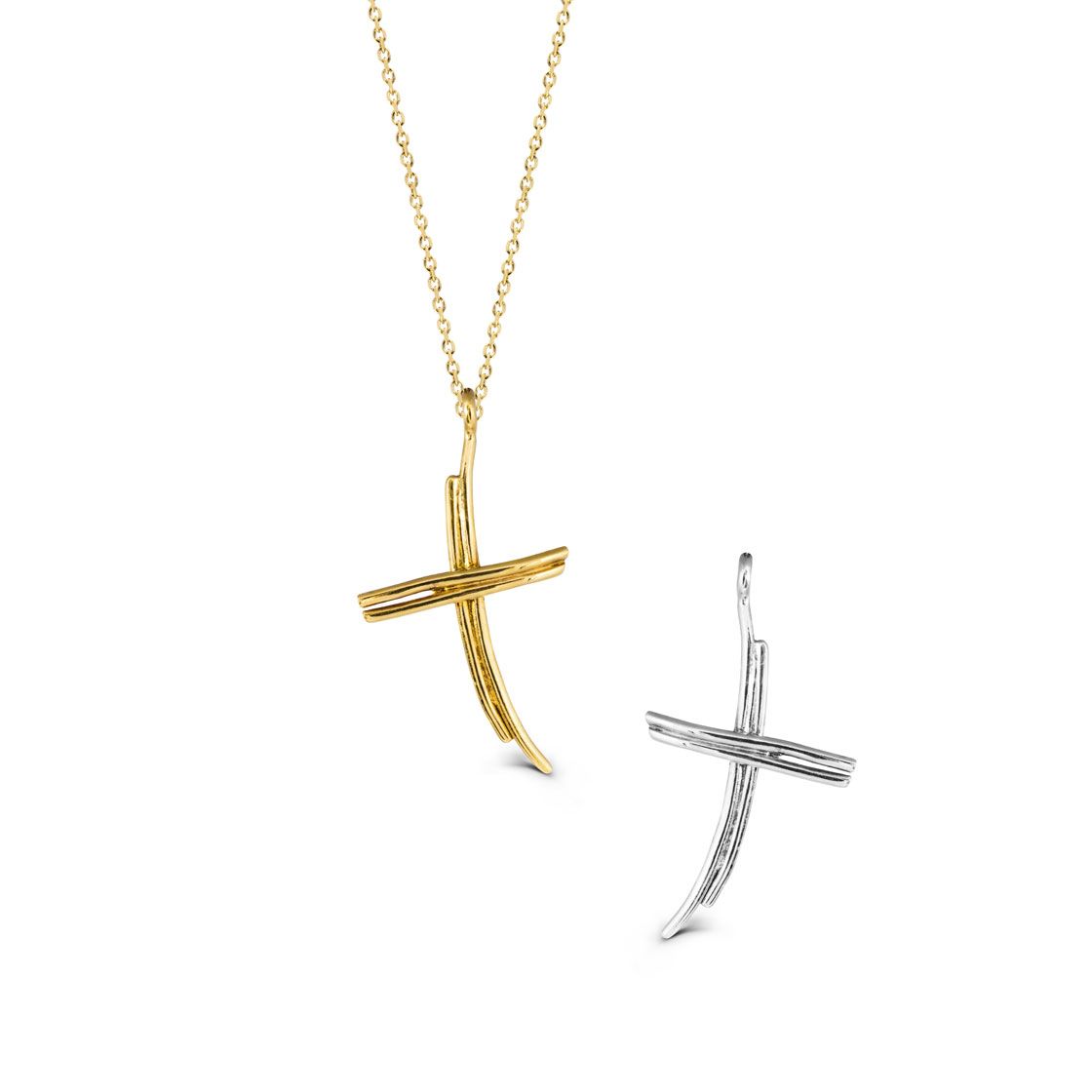 Handmade curved cross on a delicate gold chain. DIMENSIONS: 3cm x 1,5cm x0,1cm