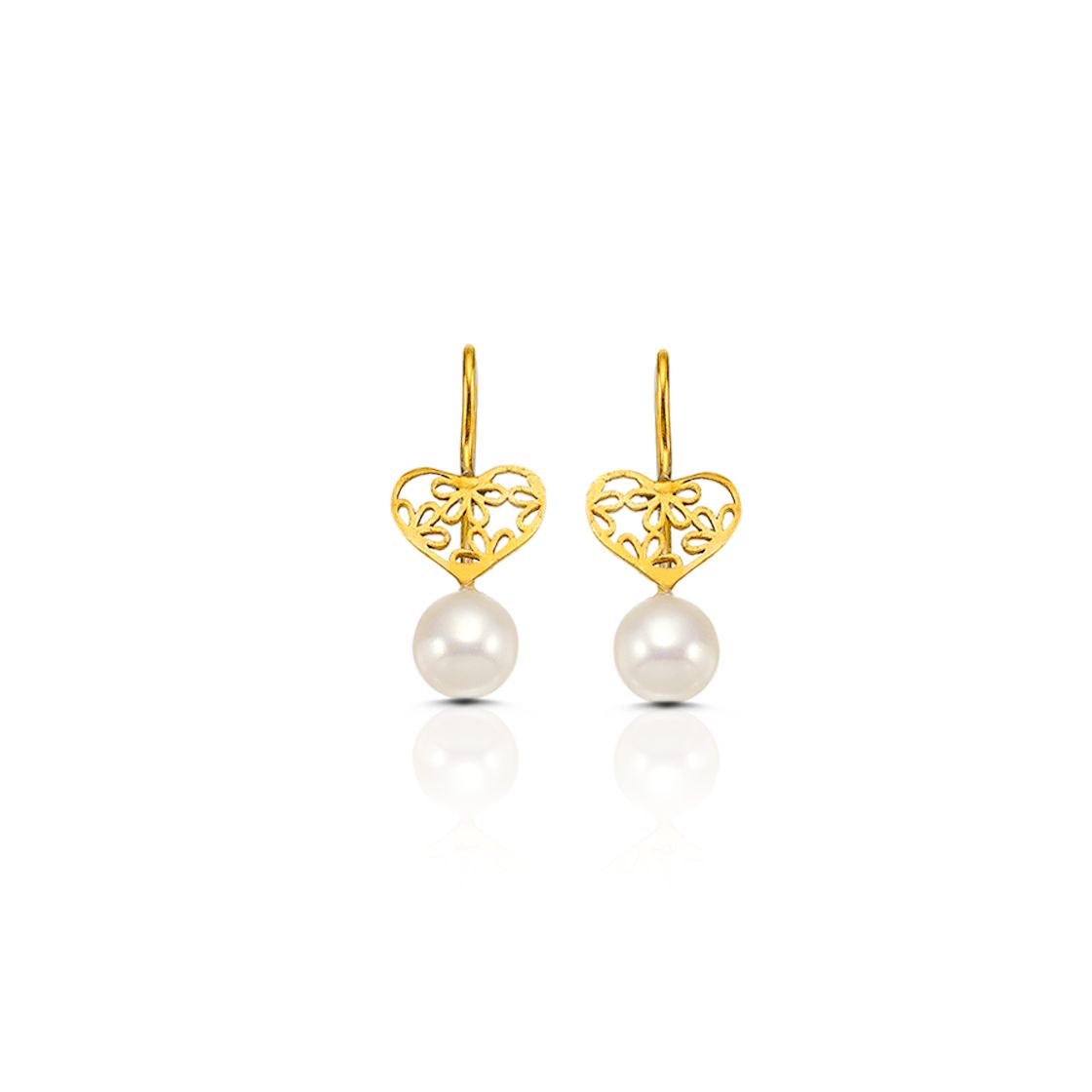 Gold lace heart dangle earrings complemented with a classic pearl.