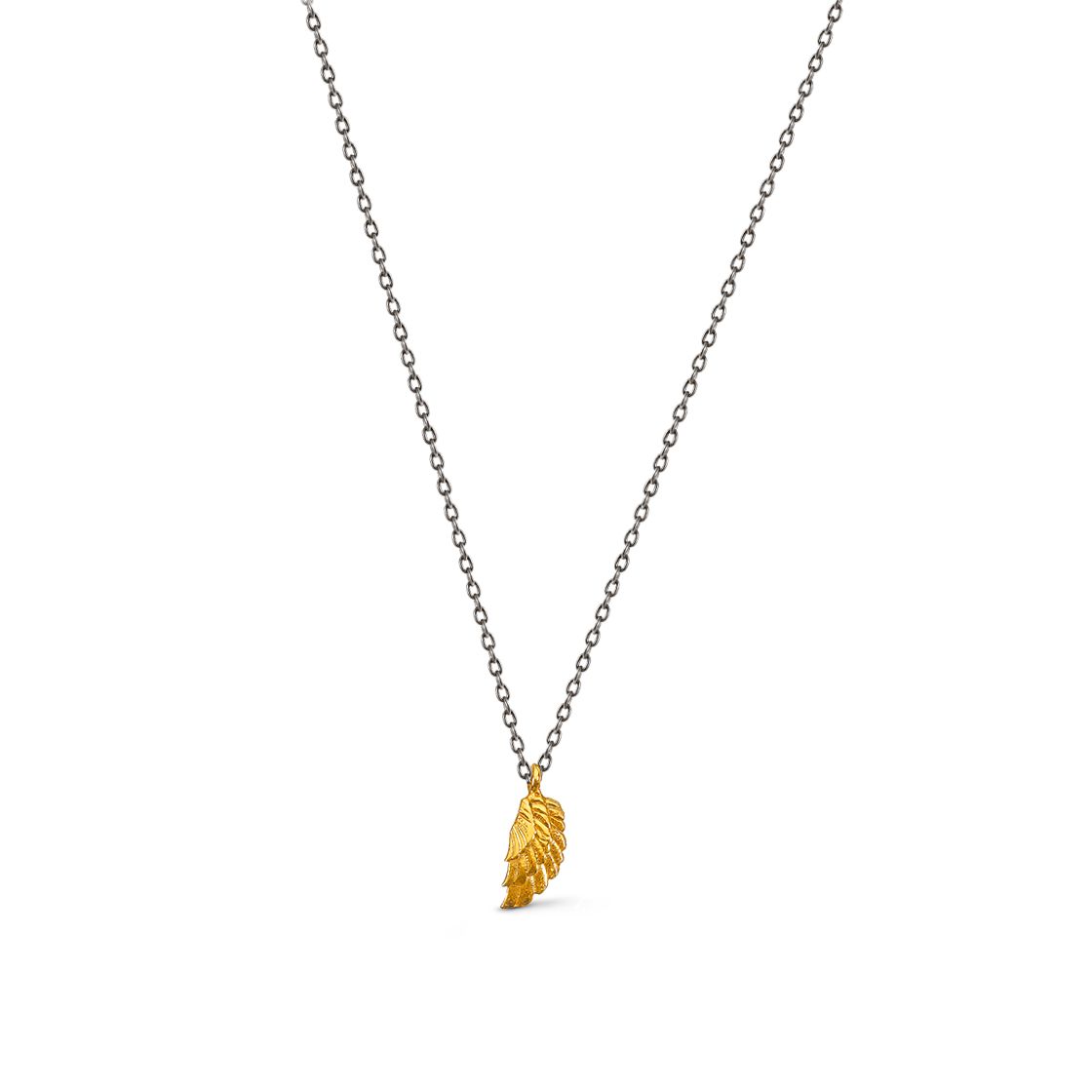 A single gold angel's wing charm, on a black delicate chain