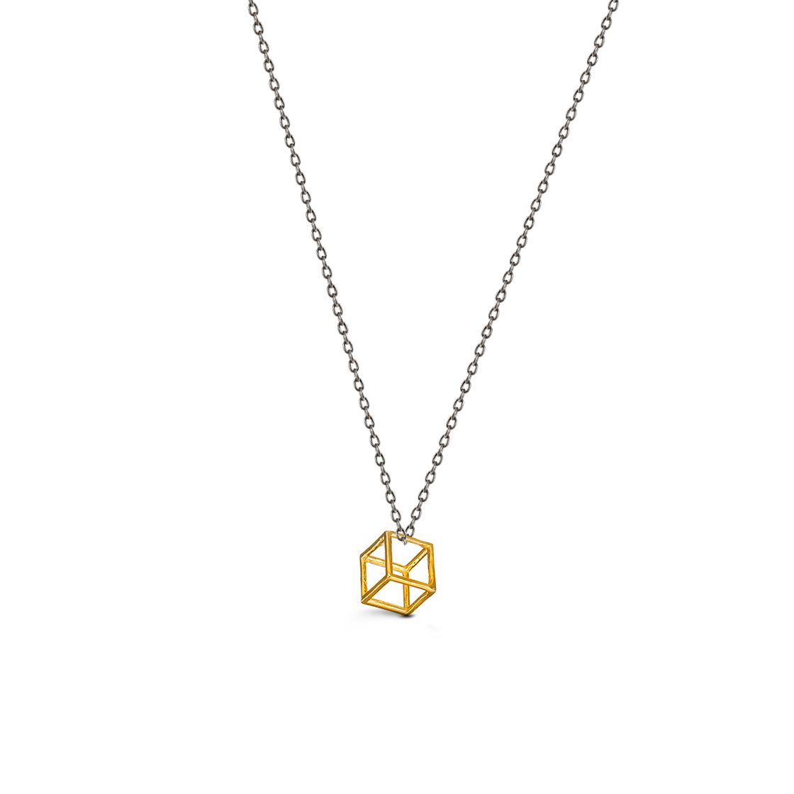 Gold cube outline charm on a black delicate chain