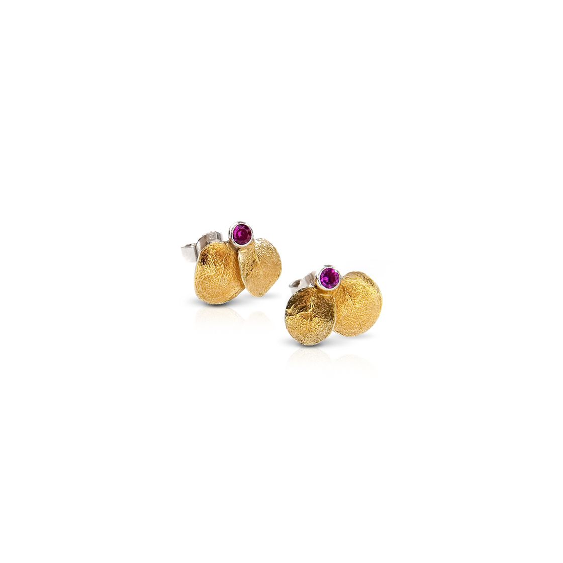 Two exquisite gold leaves touched by a colorful dewdrop zircon stone.