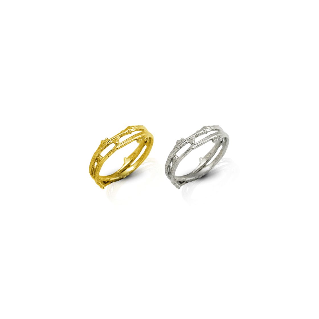 Thin stackable coiled twig wedding bands. In white, yellow or rose gold, 14k or 18k.