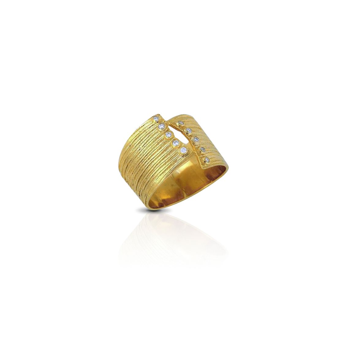 Gold broad cuff ring with ten zircon stones set along the edges, spiral hammered detail.