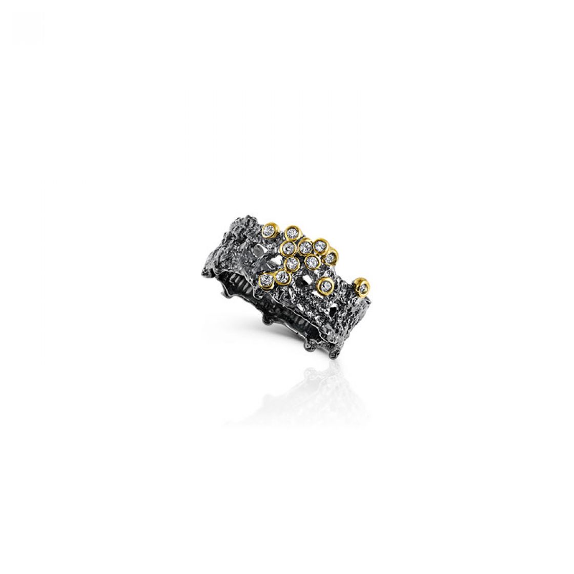 Lace textured, black plated ring with gold bezels and zircon stones.