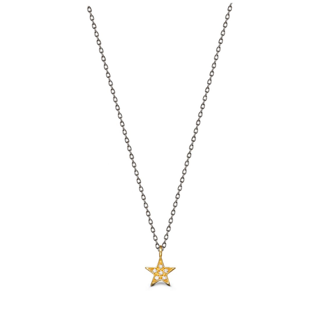 Gold star charm set with zircon stones, on a delicate black chain