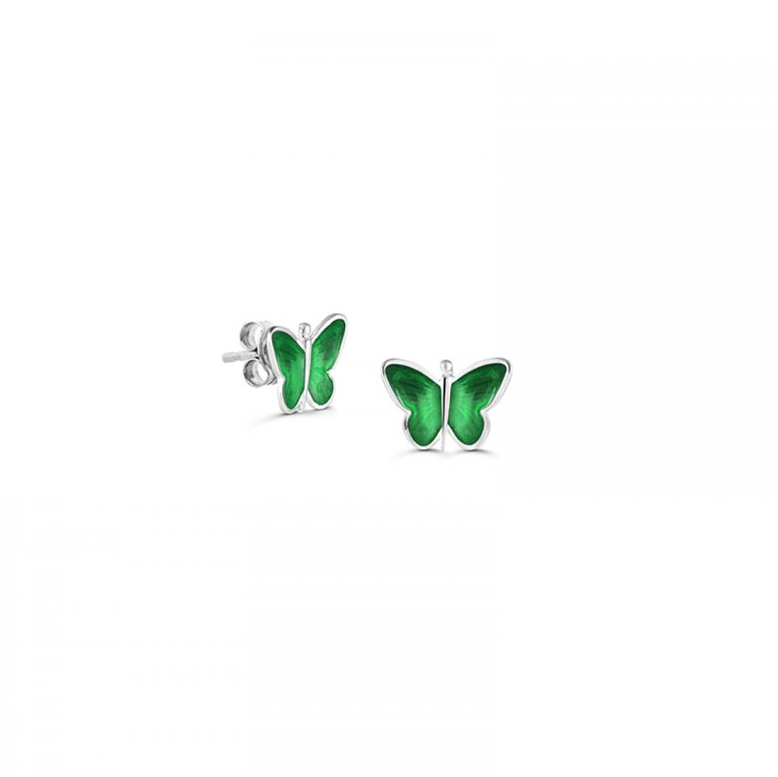Tiny butterflies stud earrings, are beautifully handpainted in green enamel.