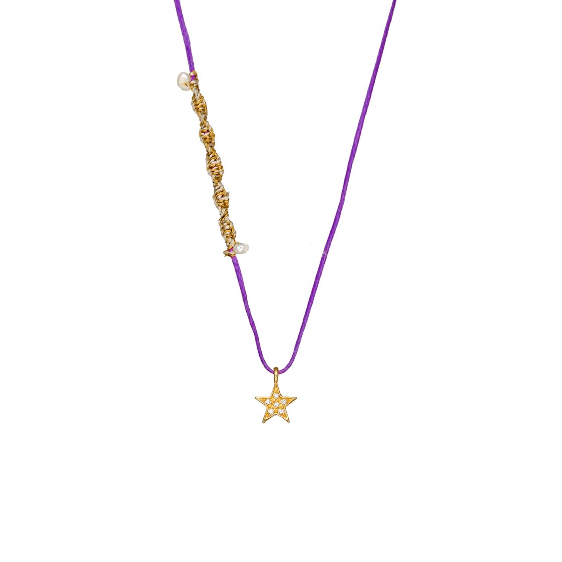 Gold star charm set with zircon stones on a purple cord with gold macrame detail and pearls.