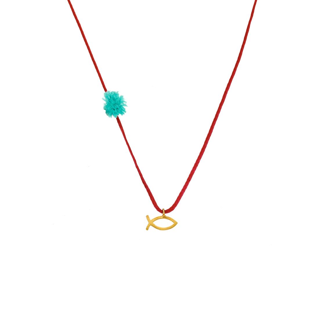 Little fish charm with sky blue tassel detail on red waxed cord.