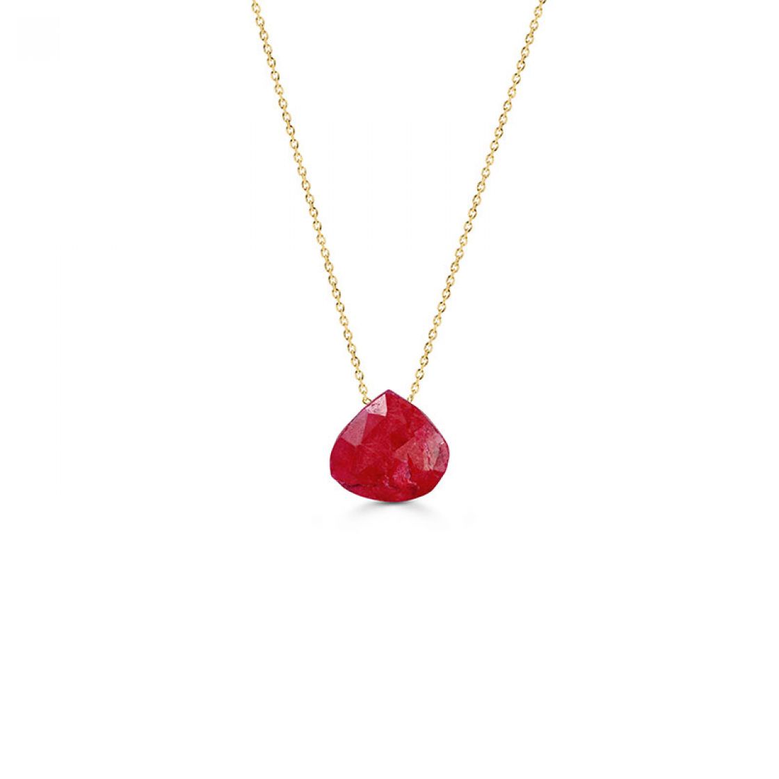 A drop cut Ruby stone on a 14kt gold chain