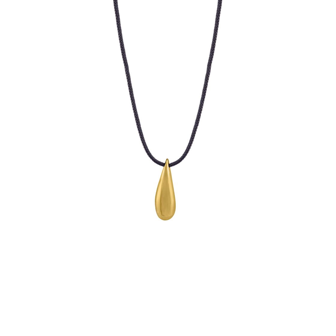 Gold drop pendant on a black cord.