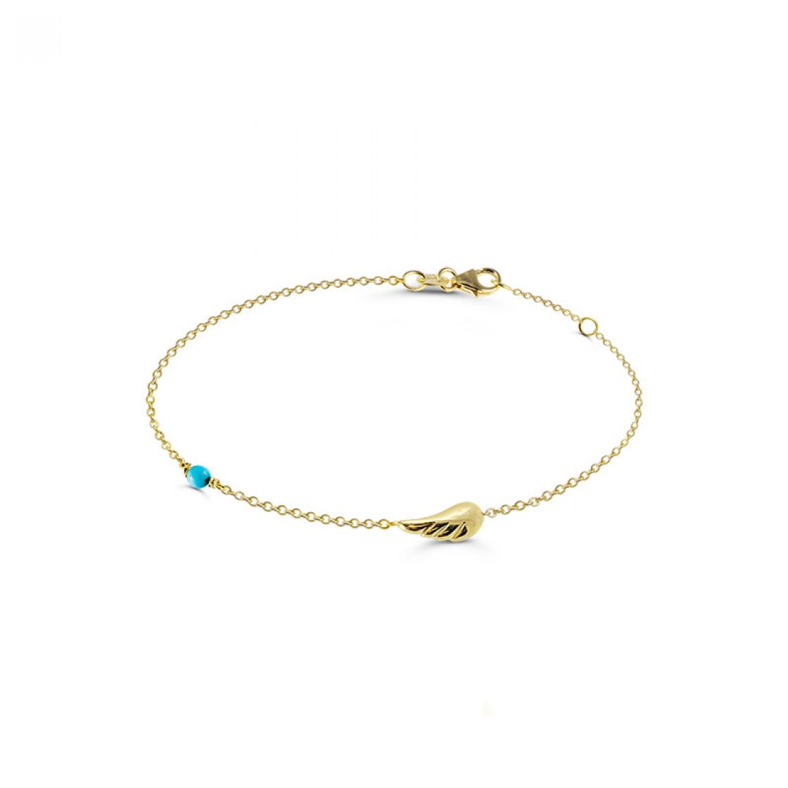 Cute and elegant gold chain bracelet with an angel wing and a small turquoise stone that brings good luck.