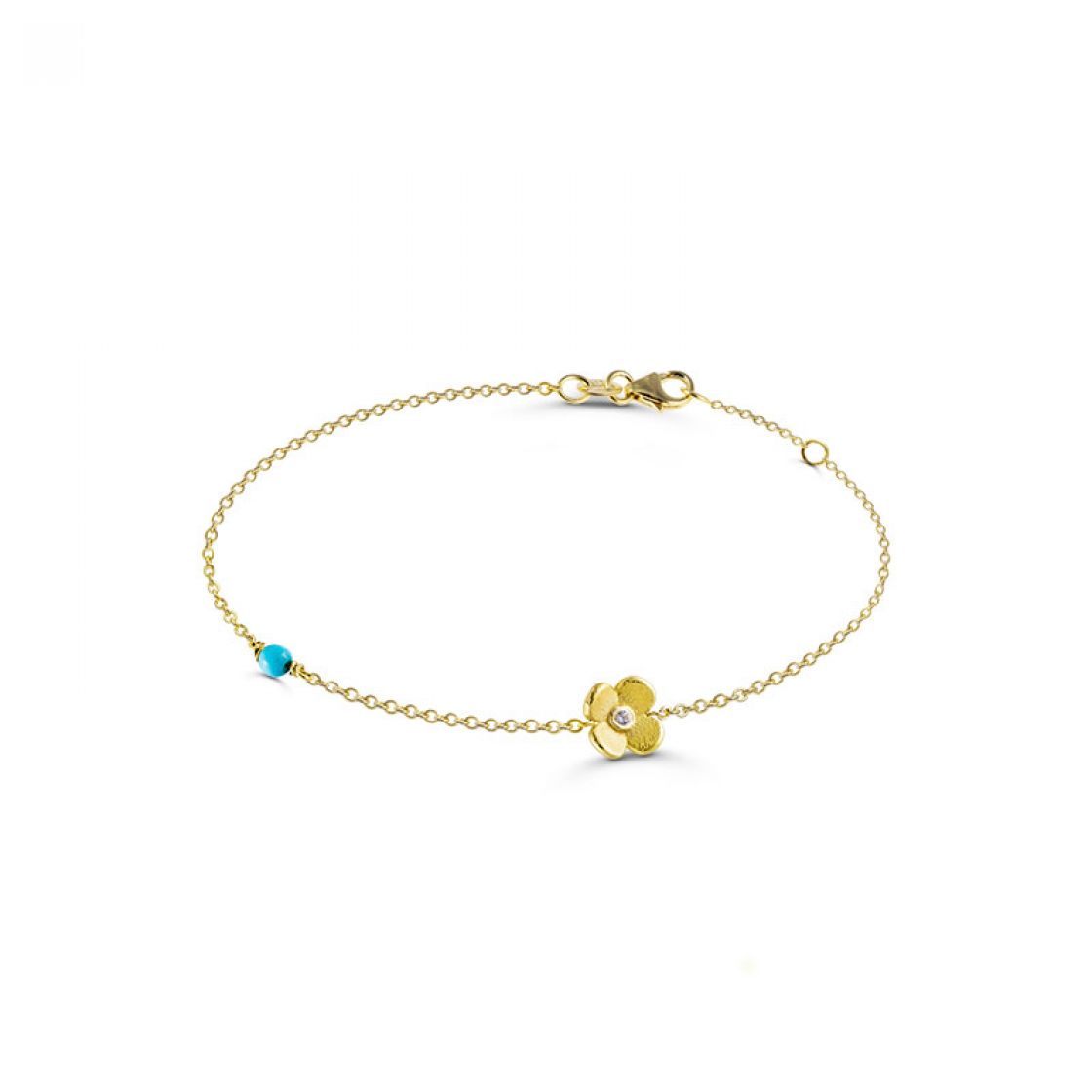 Cute and elegant gold chain bracelet with a delicate new blossom and a cute little turquoise stone