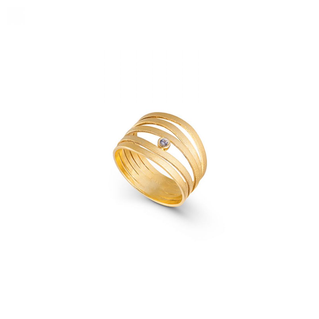 Simple and elegant ring with five asymmetrical  bands accented with a white bezel set zircon stone in 14k gold