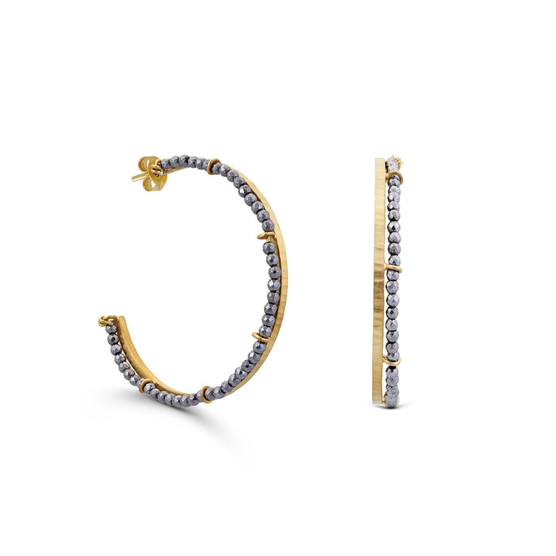 Gold hoop earrings with square edges and very small Hematite stones, offer a modern twist to a classic style.