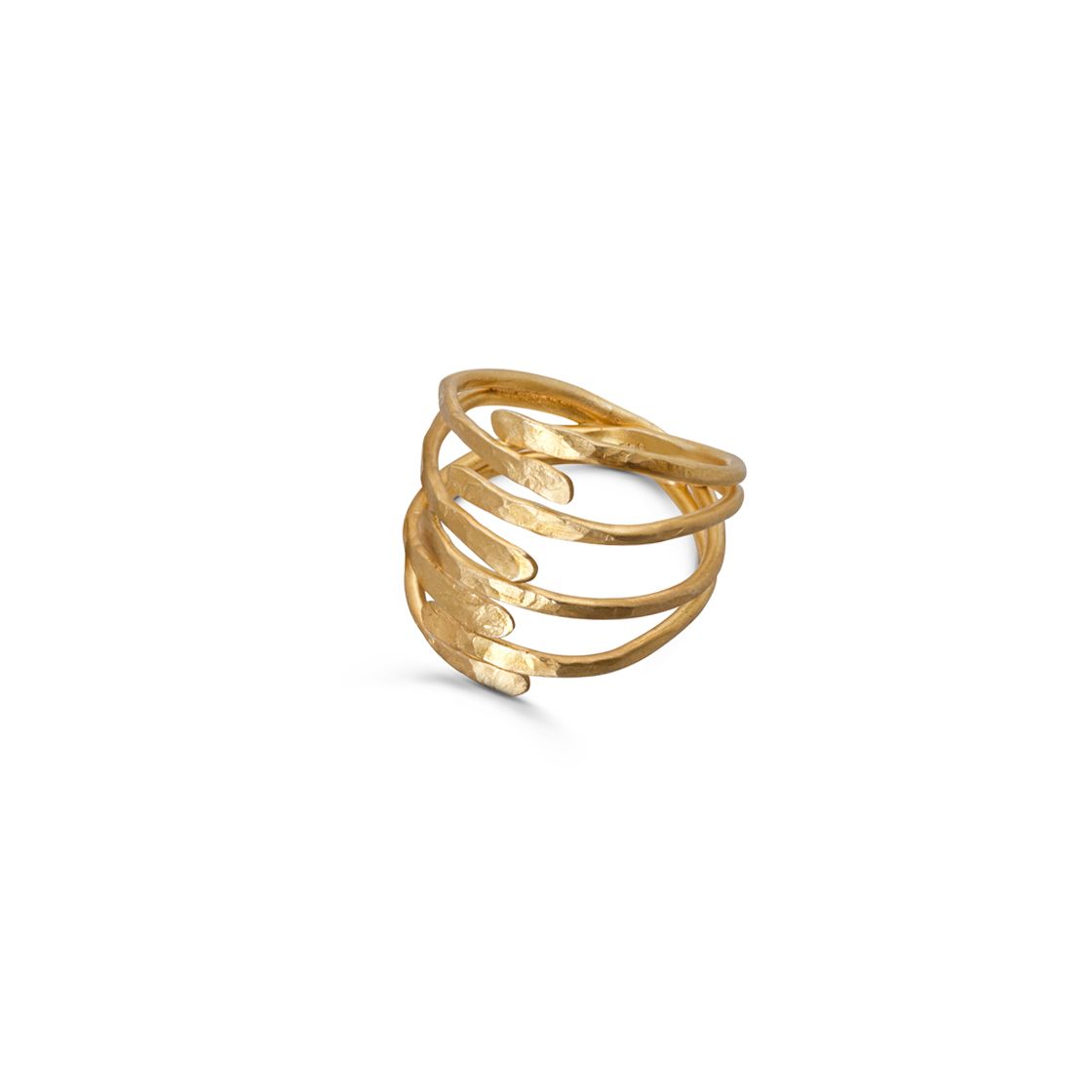 Eight slender hand hammered edges, meet in this wraparound attractively shaped gold ring.