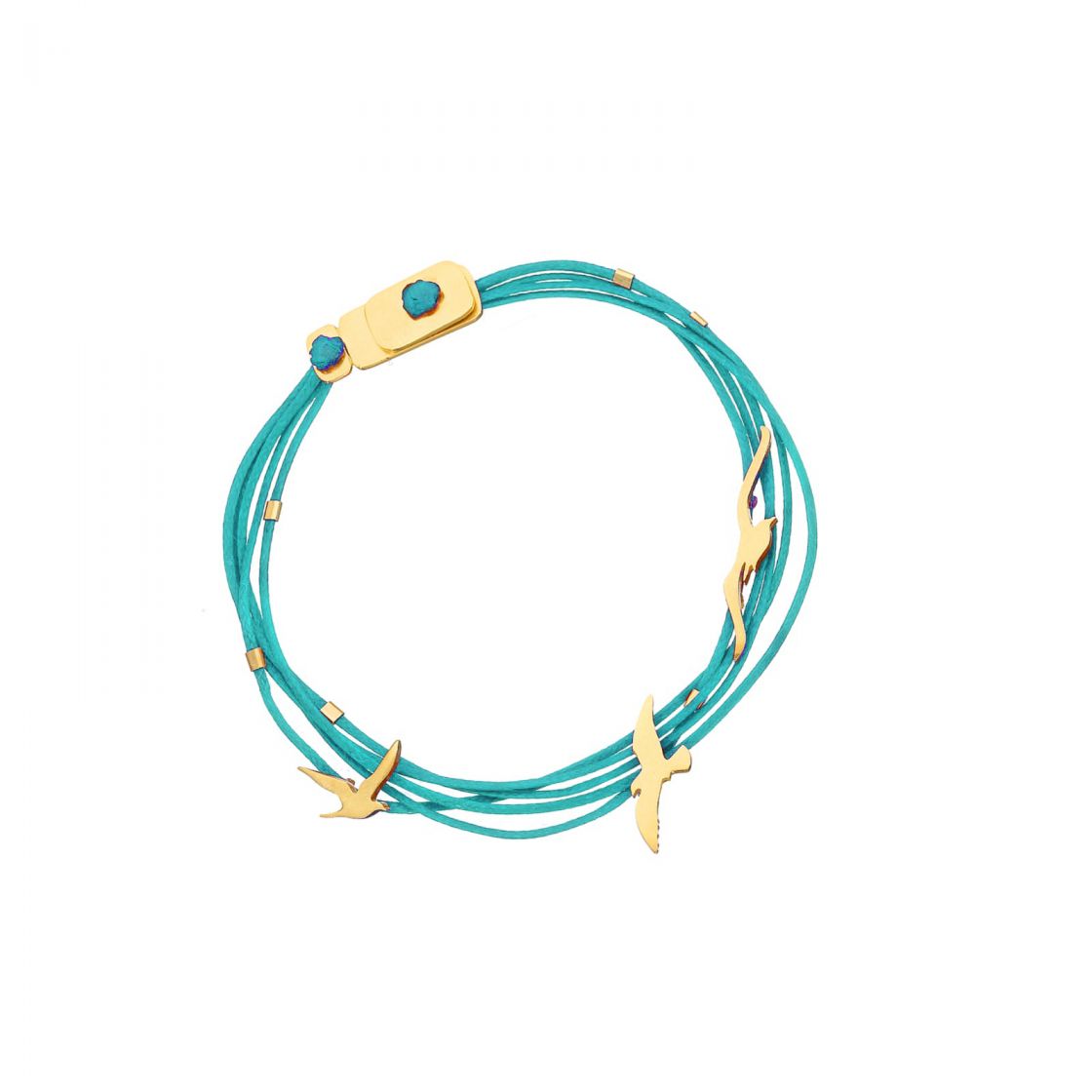 Gold seagulls tied to a multi strand of teal cords