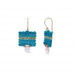 Handcrafted teal and gold, macrame, dangle Earrings with rose-quartz stones. Simultaneously modern and summery, these unique earrings will add a bohemian touch to your outfit.