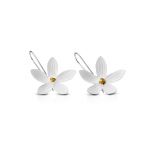 White daisy flowers with gold center dangle earrings. Handpainted with natural pigments, with a velvet finish.