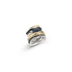 Adjustable ring with black, silver and gold plated parts is always stylish and unique